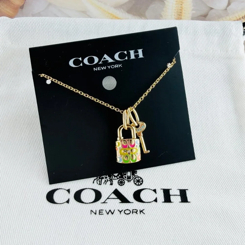 Coach Quilted Padlock Key Mismatch Rainbow gold necklace - Picture 3 of 4